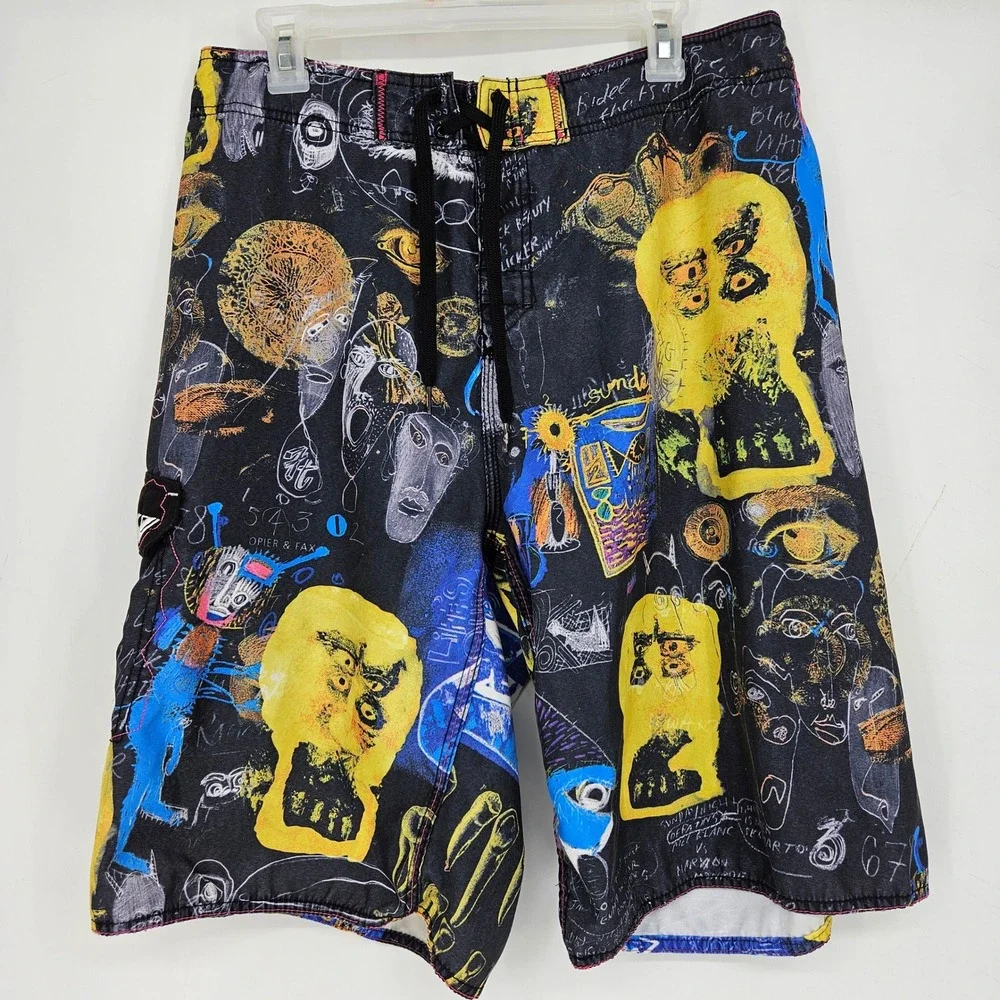 Vintage Quiksilver Board Shorts Mens 36 Peter Webb Art Black Beauty Rare‎
